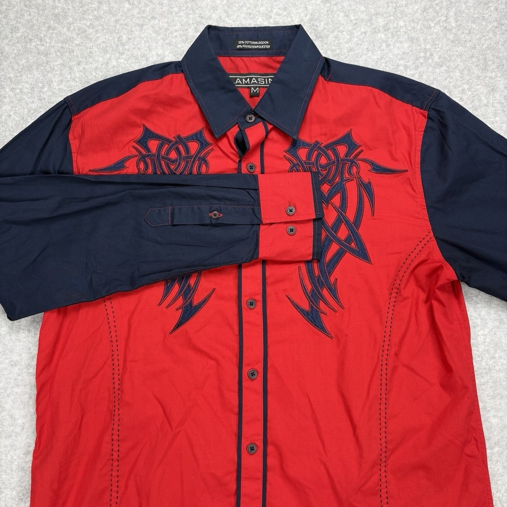 Lamasini‎ Button Down Shirt Mens M Red Navy Tribal Embroidered Western Rodeo